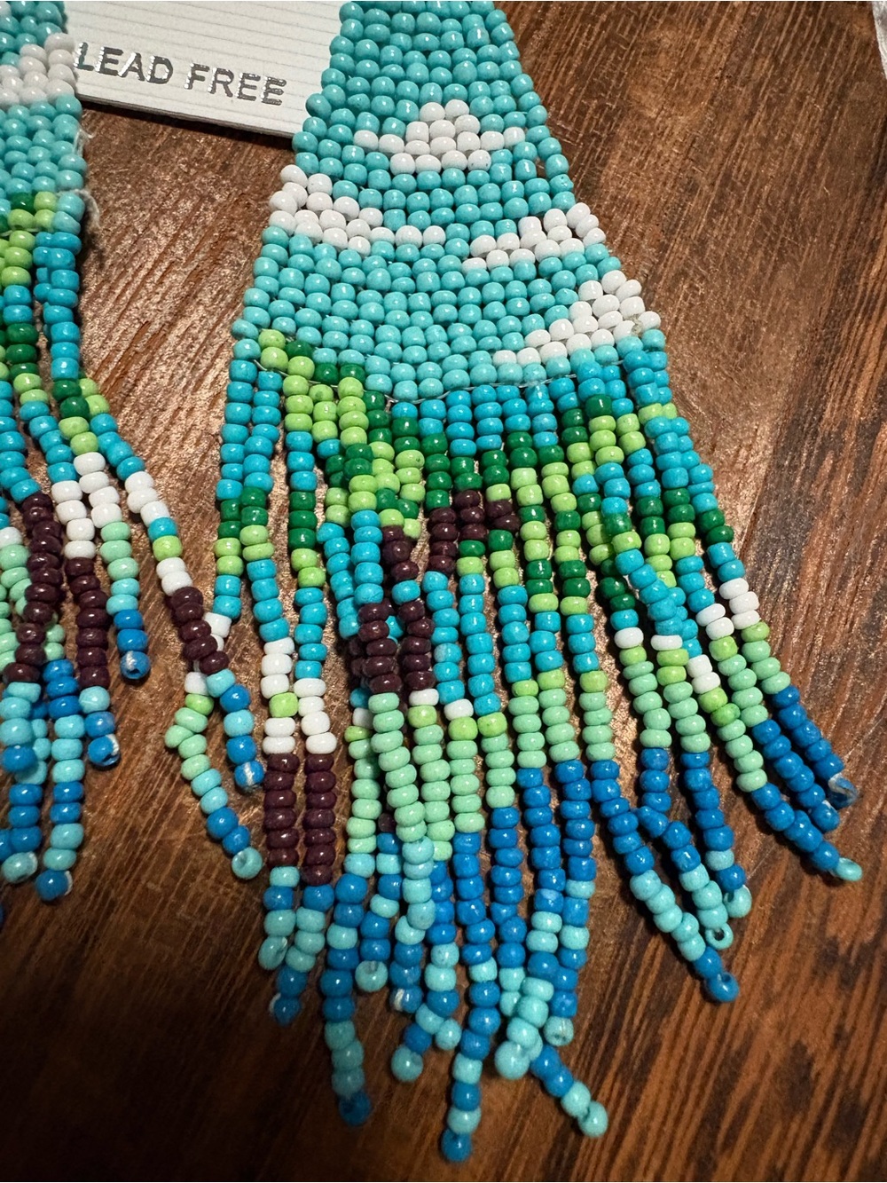 Turquoise & Green Seed Bead Fringe Earrings - Picture 3 of 5